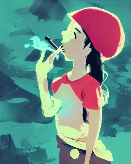 Image similar to girl with beret smoking a cigarette, colored manga panel, drawn by Anton Fadeev