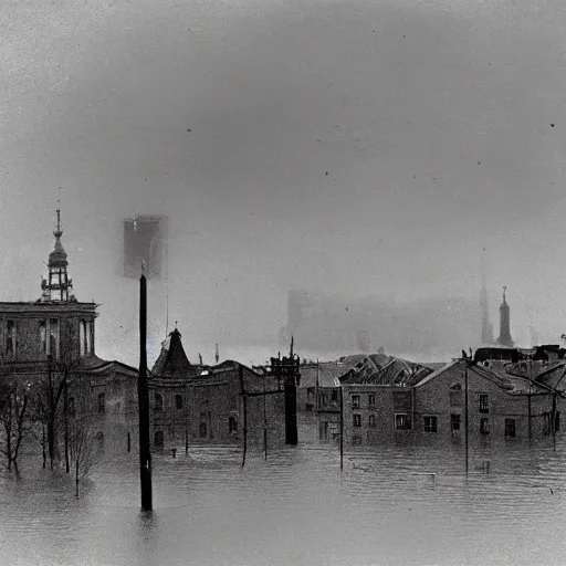 Image similar to grainy 1800s photo of a city being flooded by mud