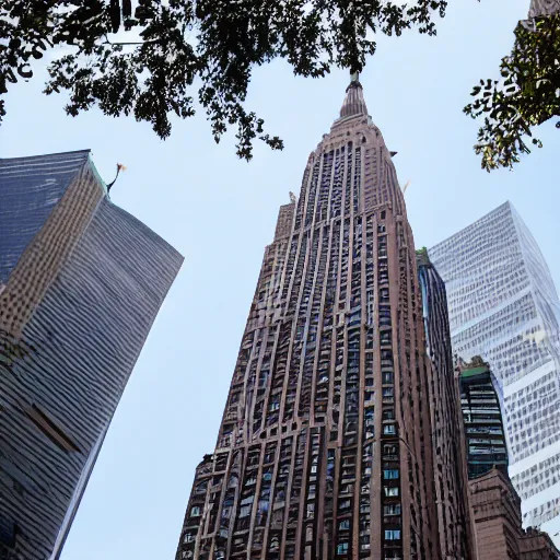 Prompt: flamingo wearing top hat towers above skyscrapers in new york city