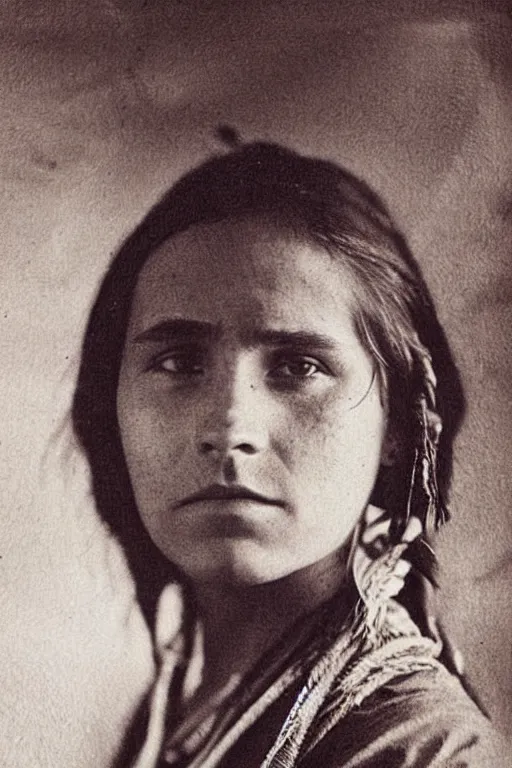 Image similar to “Photo of Native American indian woman Emma Watson, portrait, skilled warrior of the Chiricahua Apache, Lozen was the sister of Victorio a prominent Chief, showing pain and sadness on her face, ancient, realistic, detailed, emma watson”