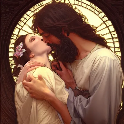 Image similar to jesus kissing a maria maddalena, intricate, elegant, highly detailed, digital painting, artstation, concept art, matte, sharp focus, illustration, art by artgerm and greg rutkowski and alphonse mucha