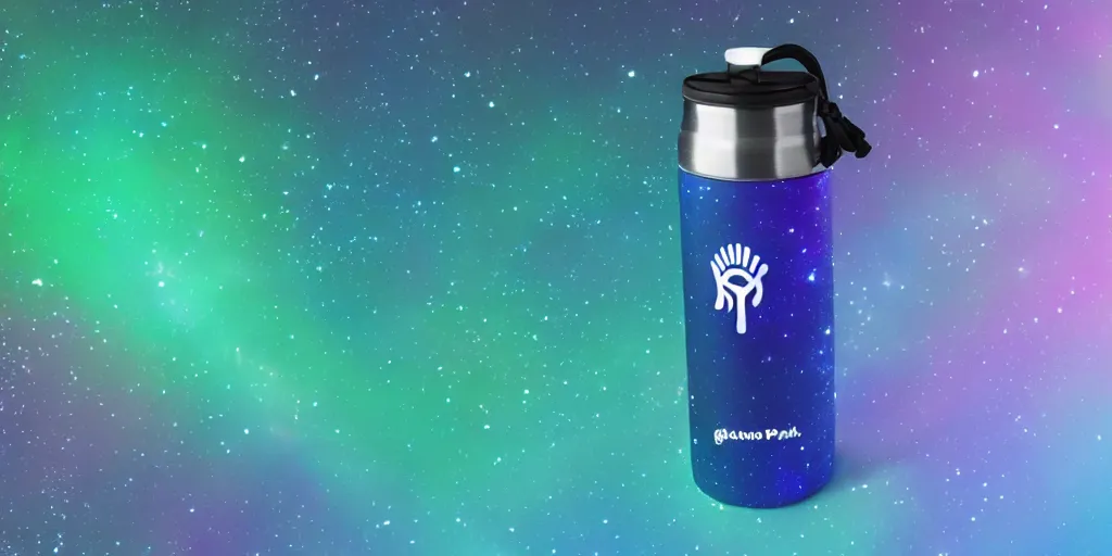 Image similar to hydro Flask, space, galaxy, glow, neon, closeup,