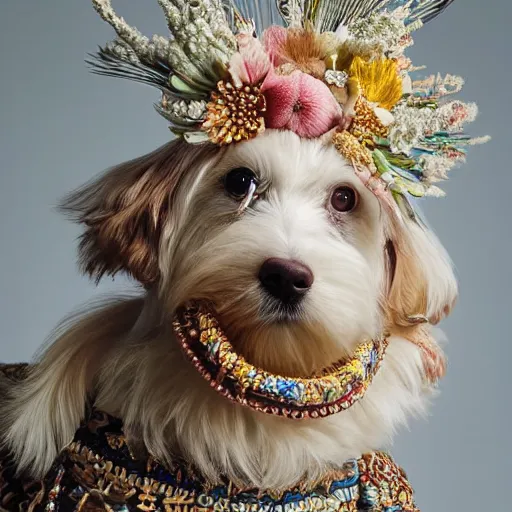 Prompt: cream - colored havanese dog wearing an ornate african necklace, a large headpiece made from flowers, soft light colored background, intriguing pose, magazine fashion photo by annie leibovitz