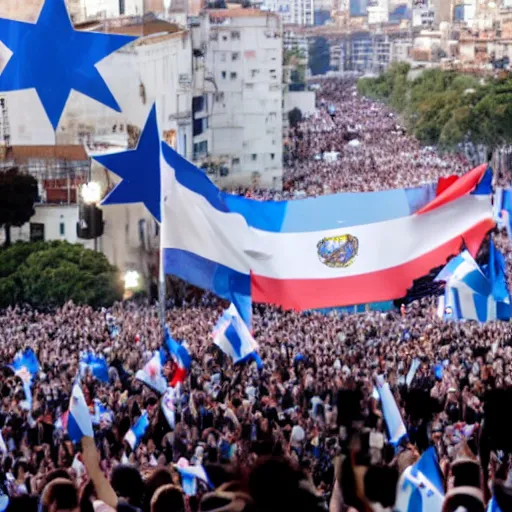 Image similar to Lady Gaga as president, Argentina presidential rally, Argentine flags behind, bokeh, giving a speech, detailed face, Argentina