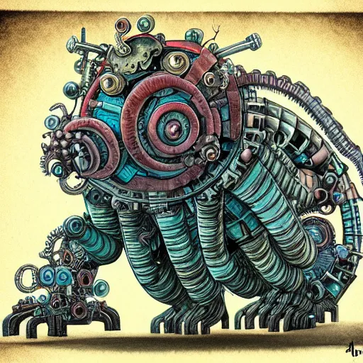 Prompt: a mechanical blueprint of a lovecraftian mechanized funny crazy monster sitting on the tree, wide shot,, muted colors, post grunge, studio ghibli, hq, art by artgem