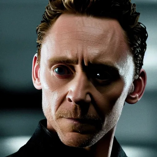 Image similar to film still of Tom Hiddleston as Nick Fury with leather patch over one eye in Avengers