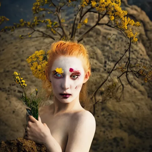 Image similar to The full body shot of beautiful pale lady with a while flower and full-face golden mask in a rocky desert background, multiple eyes and eyes reflection, long hair, photography, wide shot, day, cinematic composition, practical effects, award winning photo, 8k