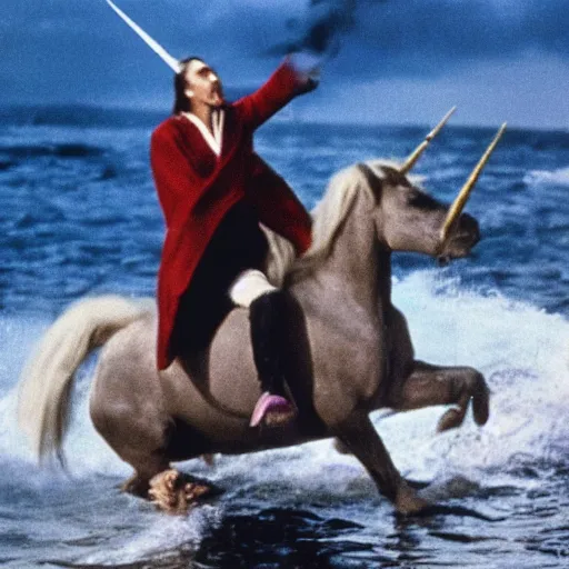 Image similar to christopher lee throwing a beautiful unicorn into the sea