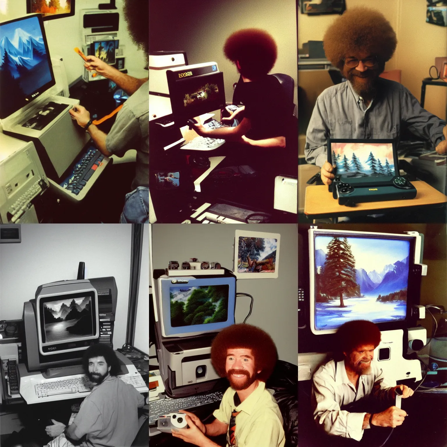 Prompt: bob ross gaming on a 90s computer, high quality polaroid photo