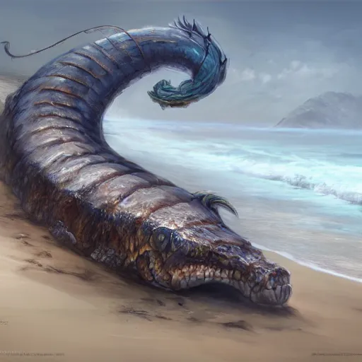 Image similar to a dying beached sea serpent washing up on the shore of a beach concept art by jaime jones, cgsociety, fantasy art, concept art, artstation hd, deviantart hd. masterpiece