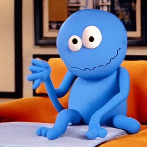 Prompt: still image of hyper realistic mr. meeseeks as a guest star on seinfeld, cinematic ( 1 9 9 4 )