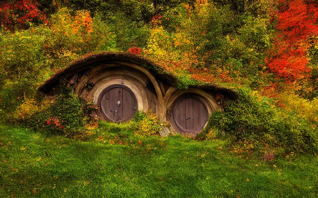 Prompt: a hobbit house built into the hillside, lush fields, autumn leaves, golden hour, high quality digital art