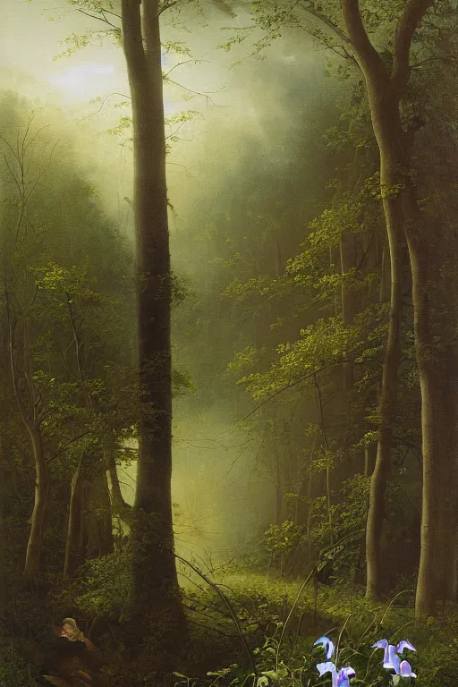 Image similar to moody painting of tiny purple morning glory flowers vining and growing in a forest dimly lit by morning light. foggy volumetric lighting, muted colour palette oil painting on canvas, asher brown durand