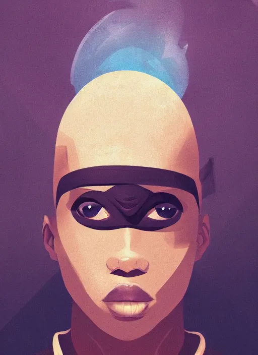 Image similar to portrait of african ninja, cloud background, uplight, symmetrical!!, anime, prism highlights, depth of field, cinematic, filmic, vsco, concept art, artstation, digital painting, elegant, epic, focus