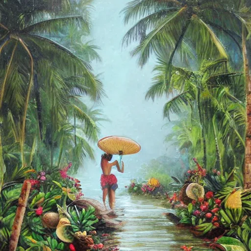 Prompt: monsoon on tropical island, attractive oriental native in white, frontal, ornate, beautiful, atmosphere, vibe, mist, coconuts, rain, wet, pristine, puddles, melting, dripping, snow, creek, lush, ice, bridge, forest, roses, flowers, oil painting by hans zatska