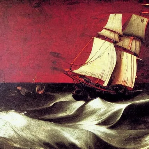 Prompt: A ship lost in a storm, oil painting, Renaissance style, deep red background, by Caravaggio