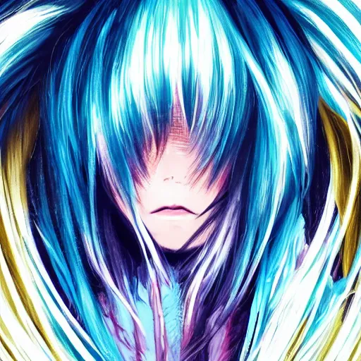 Prompt: profile shot of rimuru tempest, sky blue straight hair, long bangs, gold eyes, wearing a black jacket with white stripes, high collar, ultra detailed, wild brush strokes, digital painting, cinematic, wlop, galactic background, pixiv, color block, eerie, scary, yoshitaka amano, ilya kuvshinov, andy warhol