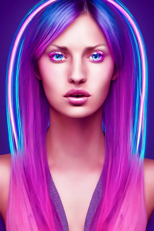 Image similar to a award winning half body portrait of a beautiful woman with stunning eyes in a croptop and cargo pants with ombre purple pink teal hairstyle by thomas danthony, surrounded by whirling illuminated lines, outrun, vaporware, shaded flat illustration, digital art, trending on artstation, highly detailed, fine detail, intricate