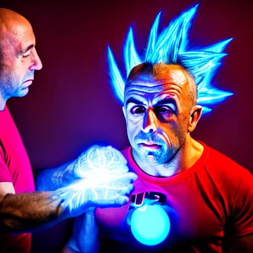 Image similar to uhd candid photo of cosmic joe rogan as a super sayian powering up, glowing, global illumination, studio lighting, radiant light, hyperdetailed, correct face, elaborate intricate costume. photo by annie leibowitz