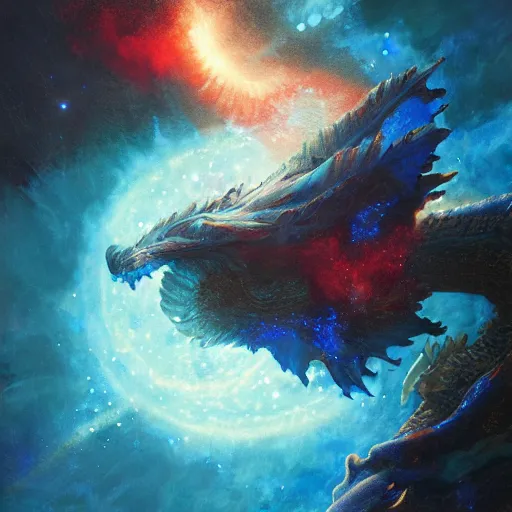 Image similar to prompt crystalline blue scales, dragon in space, biting a planet, sun system, nebula, oil painting, by Fernanda Suarez and and Edgar Maxence and greg rutkowski