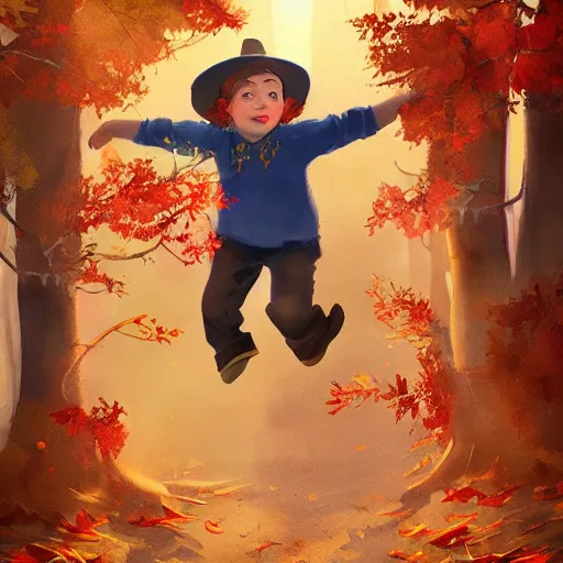 Image similar to a boy wearing a witches hat jumping into a pile of leaves on a beautiful autumn day, cute storybook illustration, trending on artstation, cgsociety, beautiful painting