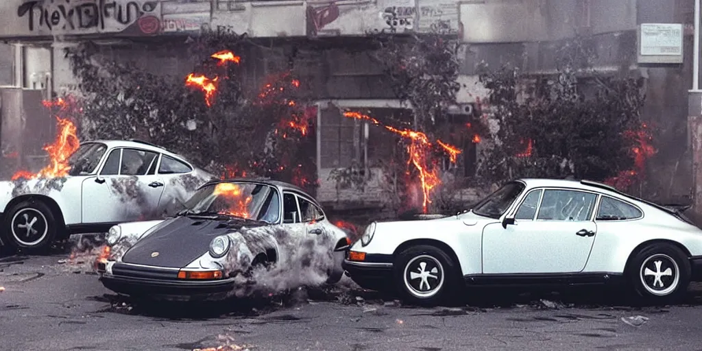 Image similar to porsche 911 time traveling in back 2 the future. flaming tire marks on the street behind. 88miles per hour