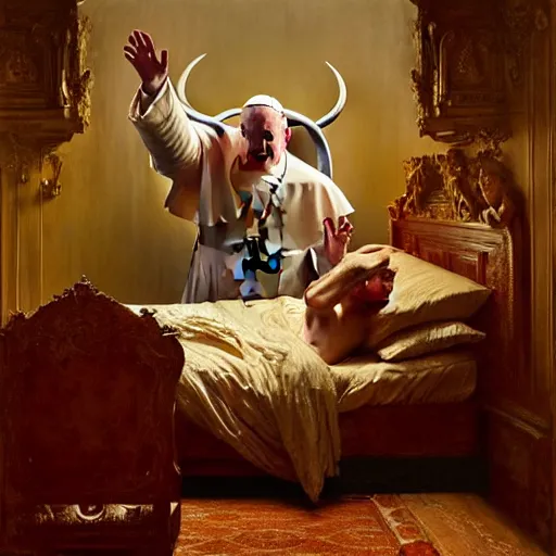 Image similar to the pope is in his bed, nervous and terrified, because a double horned shadow demon from hell lurks in the wallpaper of the bedroom. highly detailed painting by gaston bussiere, j. c. leyendecker, greg rutkowski, craig mullins 8 k