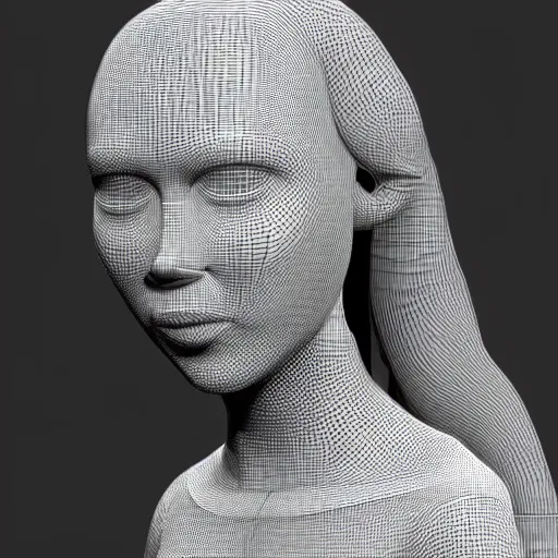 Prompt: 3 d render of a sculpture of a tall girl with long hair and a crown on her head, no colors, white and black, plastic, 4 k, 8 k, hd,