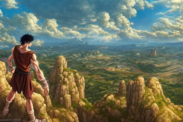 Image similar to an ultra detailed matte landscape painting of an extremely tall and strong young man with short brown hair standing on a cliff overlooking a medieval capital built on top of many hills, italian renaissance architecture, epic anime fantasy, 8 k, volumetric lighting, smooth, highly detailed, digital illustration, art by kentaro miura and akira toriyama and artgerm