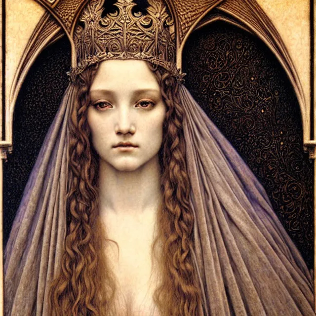 Image similar to detailed realistic beautiful young medieval queen face portrait by jean delville, gustave dore and marco mazzoni, art nouveau, symbolist, visionary, gothic, pre - raphaelite. horizontal symmetry