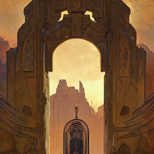 Prompt: art nouveau gate leading into rock-cut cyberpunk temple with Nabatean geometric decorations, figures cloaked in robes standing outside, hardy desert bushes, science fiction concept art by greg rutkowski and wayne barlowe and alphonse mucha