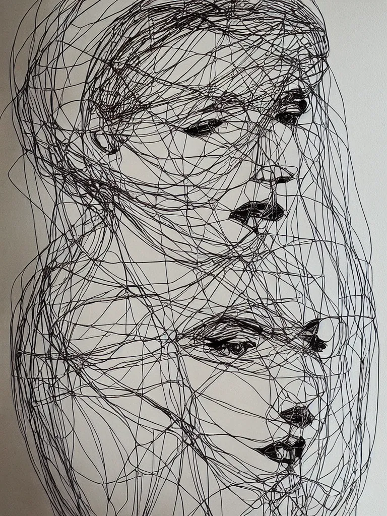 Image similar to beautiful elegant hanging thick metal wire art of a symmetrical and expressive female human face, influenced by gejza schiller portraits