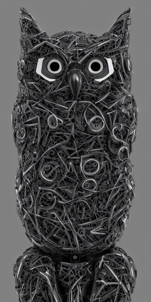 Image similar to cybernetic owl. portrait. complex shape. highly detailed. octane render. 8 k. monochrome. cinematic.