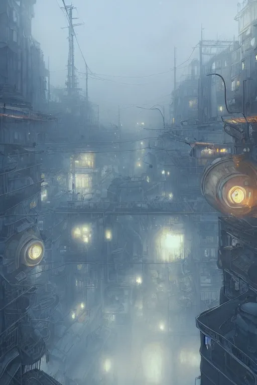 Image similar to a highly detailed matte painting of a soviet steampunk industrial zone in fog at night by studio ghibli, makoto shinkai, by artgerm, by wlop, by greg rutkowski, volumetric lighting, octane render, 4 k resolution, trending on artstation, masterpiece