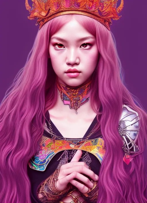 Image similar to jossi of blackpink, queen, tarot card, highly detailed, digital painting, smooth, sharp focus, illustration, ultra realistic, unreal engine, 8 k, art by artgerm and alphonse mucha