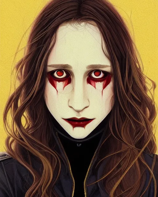 Prompt: in the style of Joshua Middleton and artgerm, beautiful evil vampire Taissa Farmiga sharp bloody vampire fangs open mouth, yellow eyes, symmetrical eyes, realistic face, symmetrical face, brown leather jacket, jeans, long black hair, full body, moody lighting