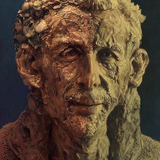 Image similar to a sculpture portrait made of bacteria and dust and molecules and atoms, painting part by wojciech siudmak, part by ilya repin, part by max ernst, part by norman rockwell, artstation