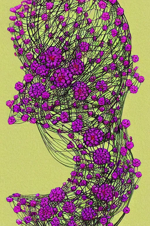 Prompt: flowers blooming on dna helix in the style of moebius, moebius art,