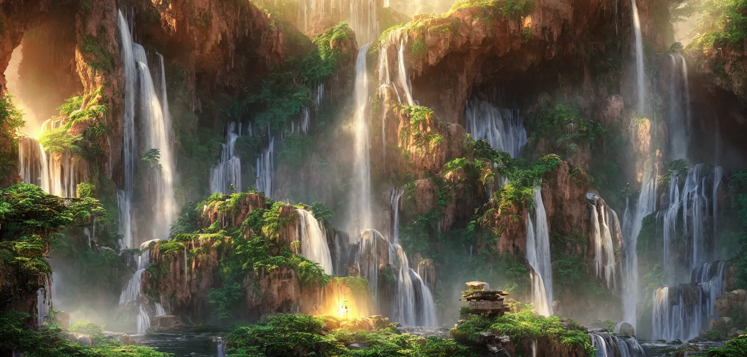 Prompt: beautiful big house waterfall flows down from the mountain, octane render, fabulous, hyper detailed, random cinematic view, no noise, global illumination, warm lighting, volumetric, godrays, vivid, beautiful, by jordan grimmer