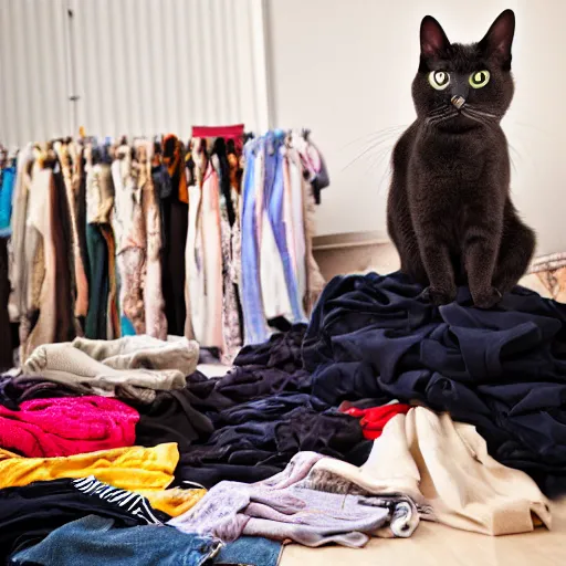 Prompt: a cat in a room full of clothes on the floor, detailed photo, Canon 5D, 50mm lens