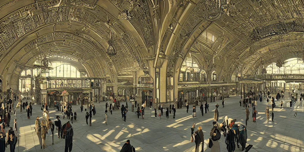 Prompt: cinematic movie scene, 200mm wide shot, precise architectural rendering, interior of victorian era railway station with ornate art nouveau architecture, bustling with people and, victorian architecture, emerald, crystalline, detailed illustration, sharp focus, concept art, unreal engine, octane render, god rays