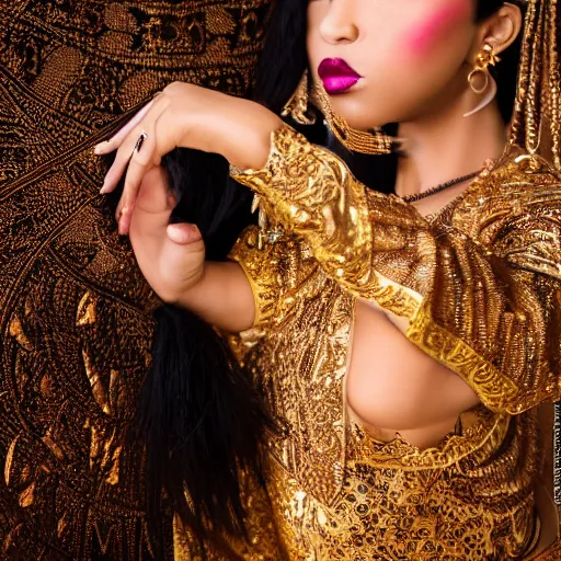 Prompt: aesthetic!!!!!! Female genie in Arabic clothing, black skin, long black hair, gold tint, frontal pose, cinematic lighting, silk, fabric, full-length view, cinematic, photo realistic, 8k, depth of field, vibrant.