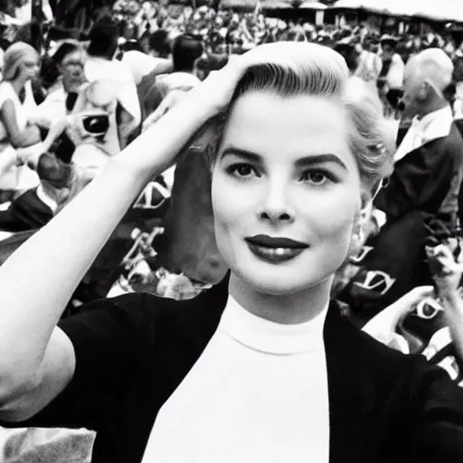 Image similar to selfie smartphone photo of a young Grace Kelly at the Monaco Gran Prix, F1 cars blurred in background, iphone photo, smartphone resolution, trending on instagram, influencer photography