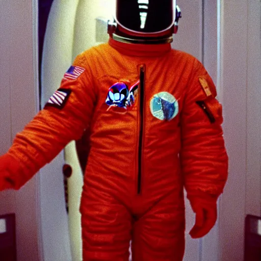 Image similar to Space odyssey astronaut wearing nasa chroma puffet jacket in the shining by stanley kubrick, shot by 35mm film color photography