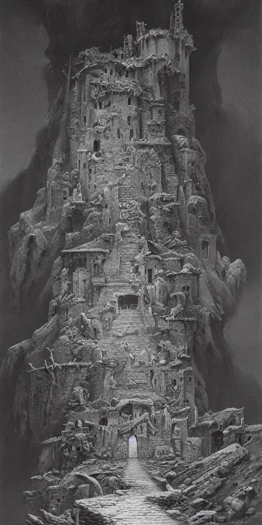 Prompt: painting of a lovecraftian deity descending from the sky into a ruined mountainside palace, grimy, gritty, trending on artstation, award winning painting, classic, masterpiece, art by zdzisław beksinski