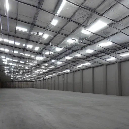 Prompt: the scariest liminal space warehouse ever, cctv,