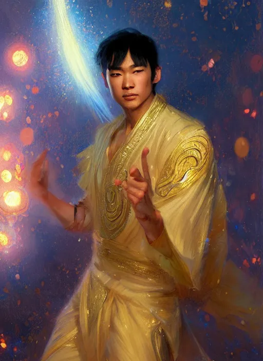 Image similar to young asian man, god of starlight, short flowing hair, modest flowing gown, smug expression, highly detailed painting by gaston bussiere, craig mullins, j. c. leyendecker 8 k, sparkling nebula