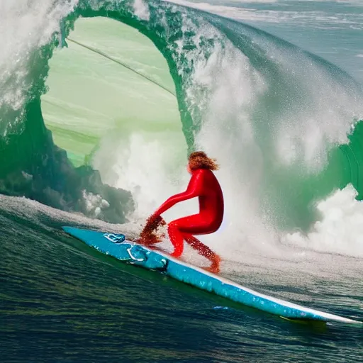 Image similar to a surfer surfing on a large wave of ketchup, through a sea made of ketchup, on a sunny day, 8 k, wide angle photography