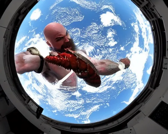 Image similar to kratos from the god of war videogame eating a whole lobster in the international space station