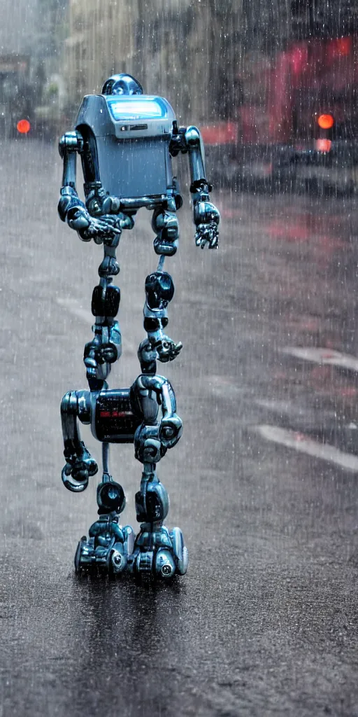 Image similar to robot on the road, city, photo, rain,